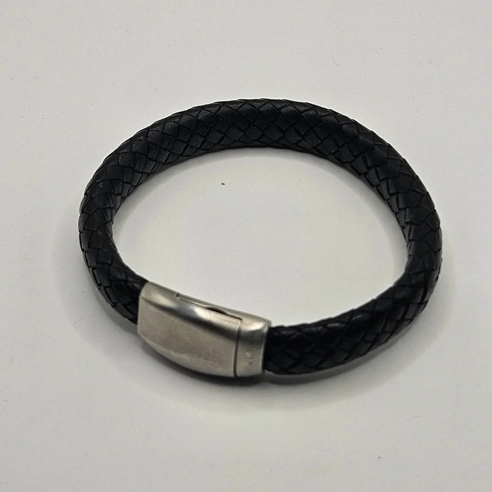 Skagen Leather Bracelet Set Black Braided Studded Chain Wrap 3pc